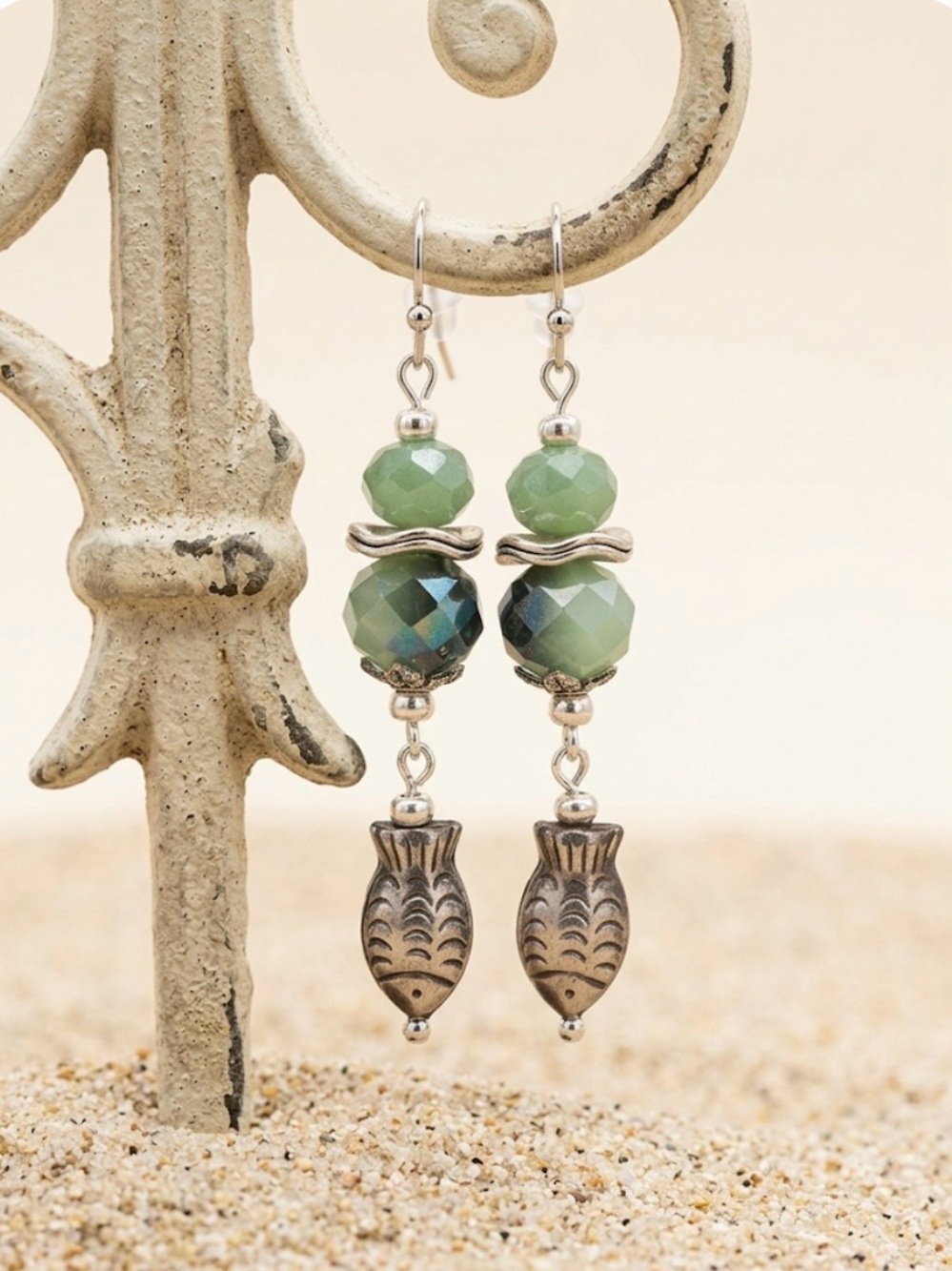 Hand Made Czech Glass & Sterling Silver Fish Charms Dangle Earrings 2 1/4” NWT
